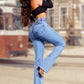 Elastische flare jeans met hoge taille – flatteert elk figuur en zit de hele dag comfortabel