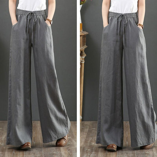Kvinnors enkla byxor i bomull, linne med hög midja