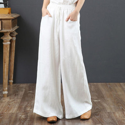 Kvinnors enkla byxor i bomull, linne med hög midja