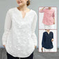 Enfärgad långärmad blus för kvinnor med spetsbroderi