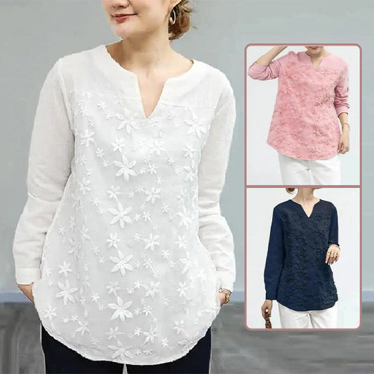 Enfärgad långärmad blus för kvinnor med spetsbroderi