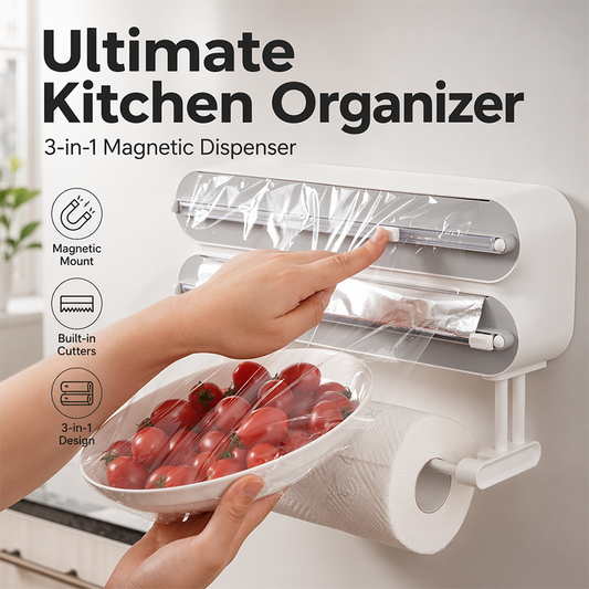 ⏳Tijdelijke Aanbieding⏰ 3-in-1 Magnetische Keuken Folie Dispenser – Ingebouwde Snijder voor Plasticfolie & Aluminiumfolie met Keukenrolhouder, Boorvrije Wandmontage Keukenorganizer voor Koelkast & Kast
