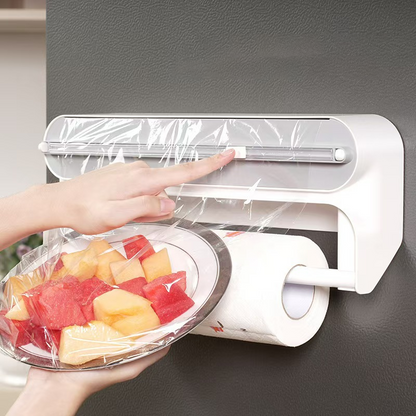 ⏳Tijdelijke Aanbieding⏰ 3-in-1 Magnetische Keuken Folie Dispenser – Ingebouwde Snijder voor Plasticfolie & Aluminiumfolie met Keukenrolhouder, Boorvrije Wandmontage Keukenorganizer voor Koelkast & Kast