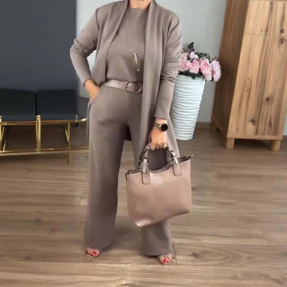 Elegant Lange Cardigan & Top & Broek 3-Delige Set