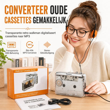🎵 Transparante Cassettespeler – Tape naar MP3 Converter, Type-C & Hi-Fi Stereo